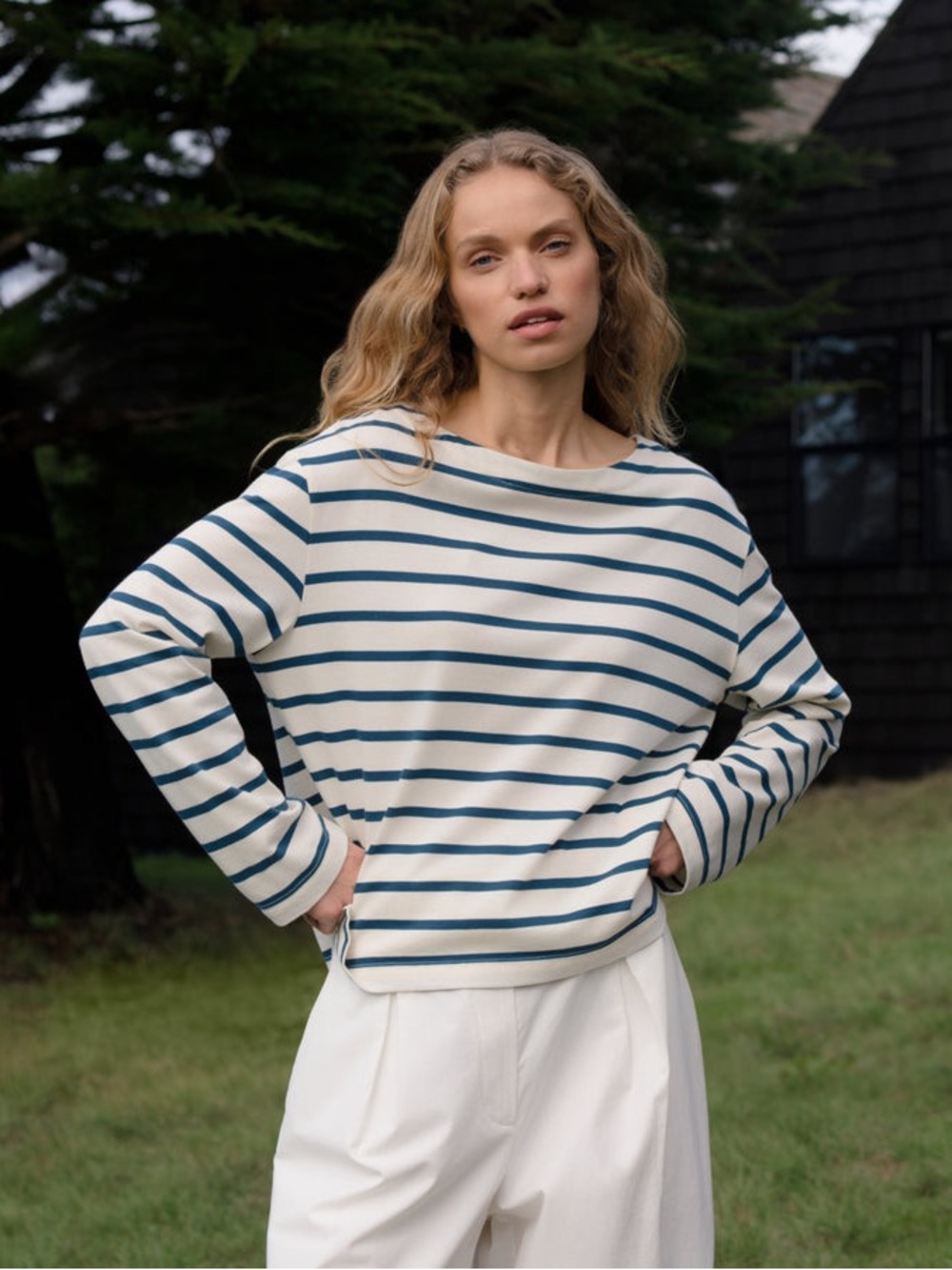 Jenni Kayne Claude Cream and Ocean Striped Boatneck Long-Sleeve Top